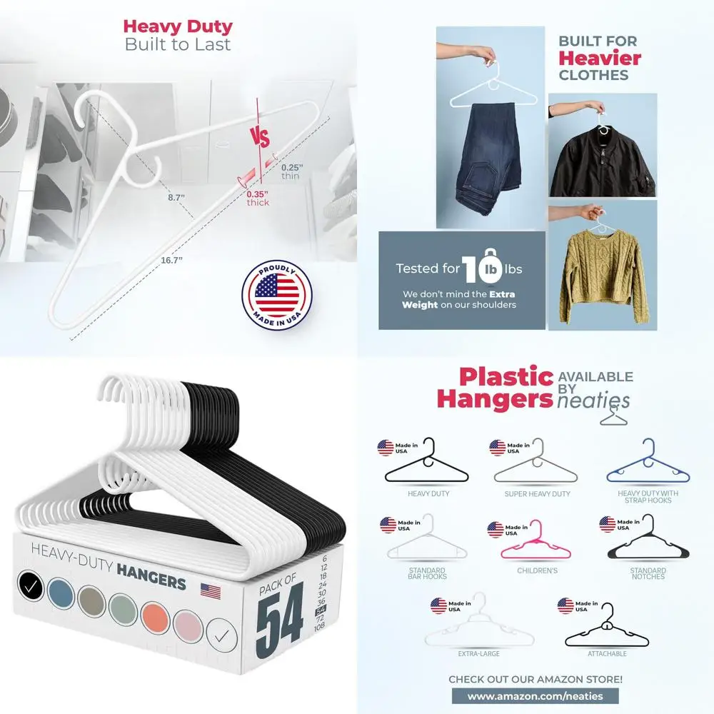 Paquete de 50 Perchas de Plástico Resistentes - Capacidad de 8 lb para Ropa de Adultos, Duraderas para Pantalones, Abrigos, Jeans - Blanco y Negro