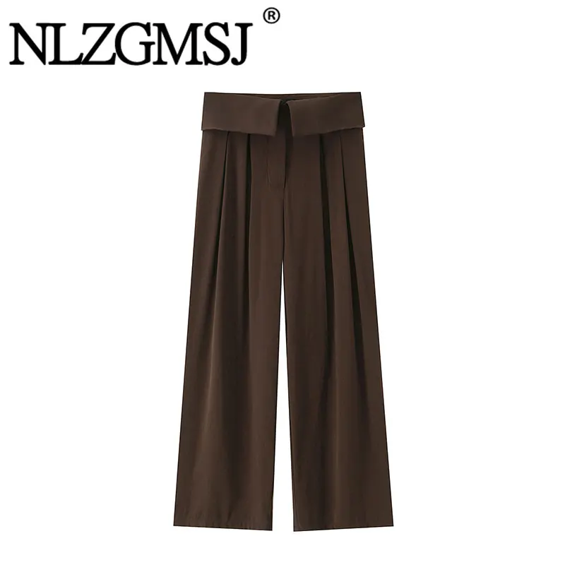 

Nlzgmsj 2026 Весенние женские брюки с высокой талией и широкими штанинами с карманами - повседневные свободные коричневые брюки для лета