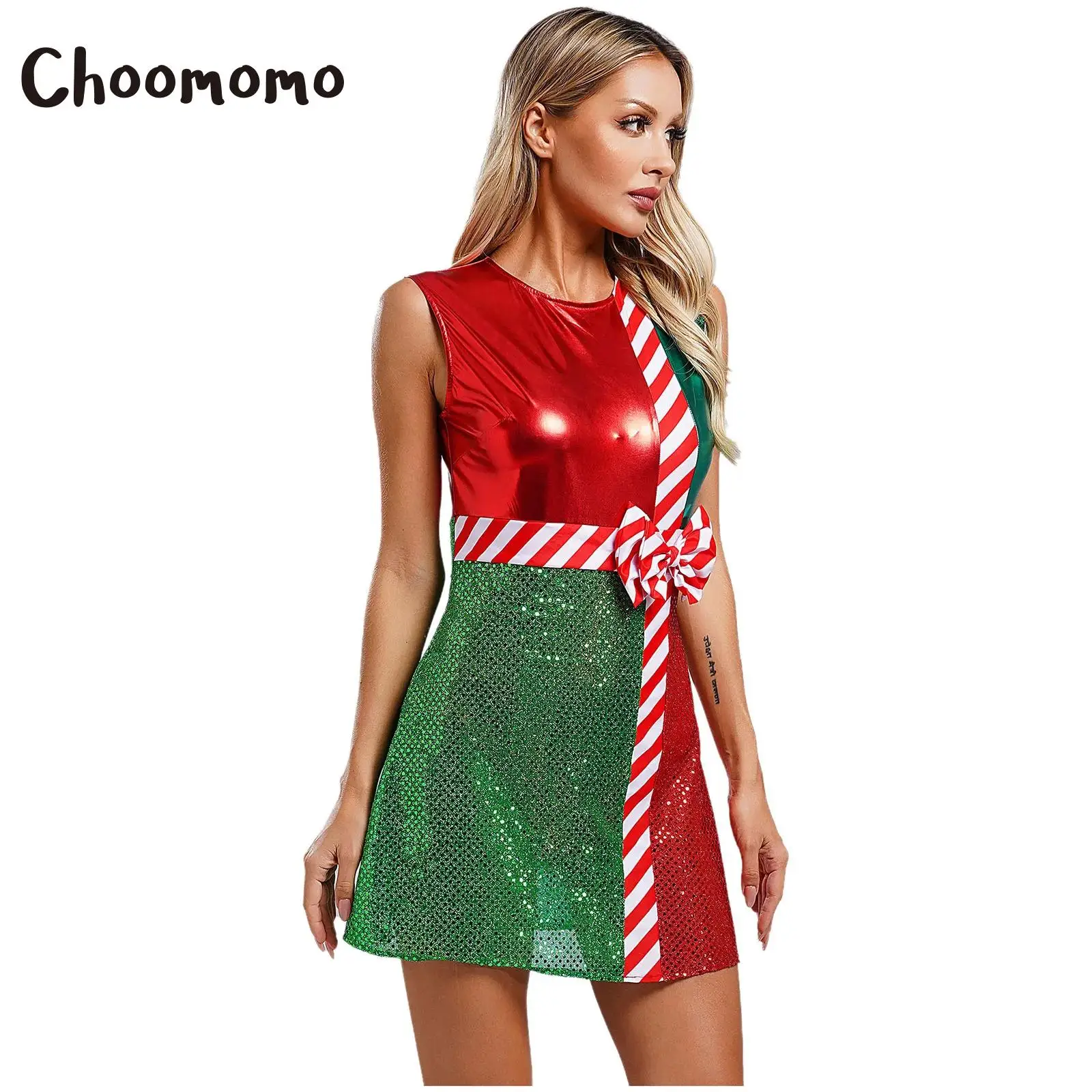 

Women Christmas Mrs Santa Dress Sleeveless Candy Cane Sequins Stripes Leotard Tutu Dress New Year Party Cosplay Elf Costumes