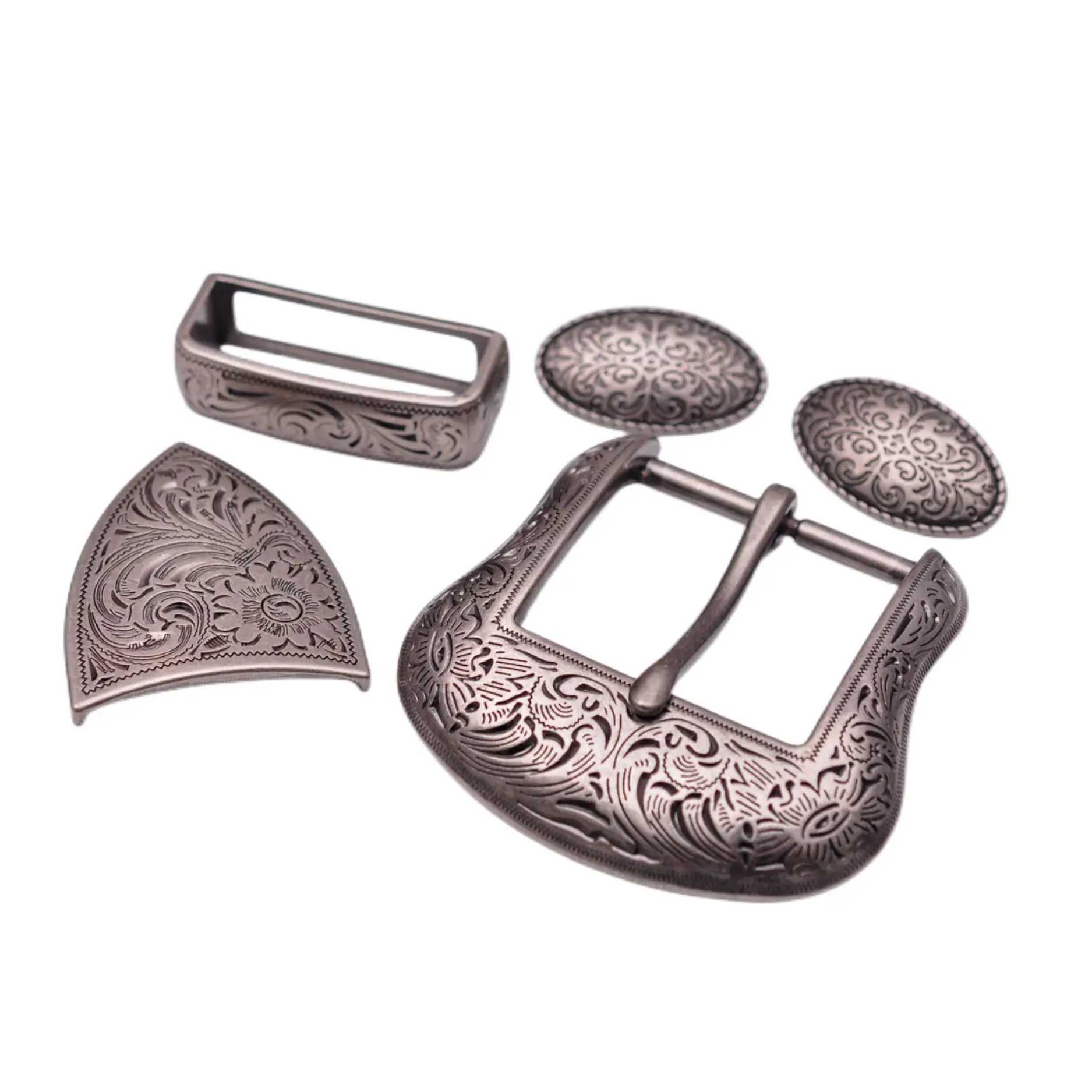 

Antique Silver Floral Engraved Western Cowboy Cowgirl Rodeo Belt Buckle Five Piece Set Unisex Fits 1 1/2" Strap