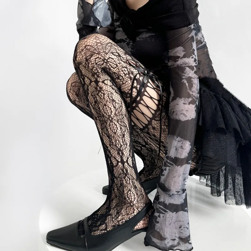 

Lace-up Bow Rope Hollow Fishnet Tights for Girls Sheer Lace Y2K Style Japanese Retro Pantyhose for Spring Summer Edgy Feminine