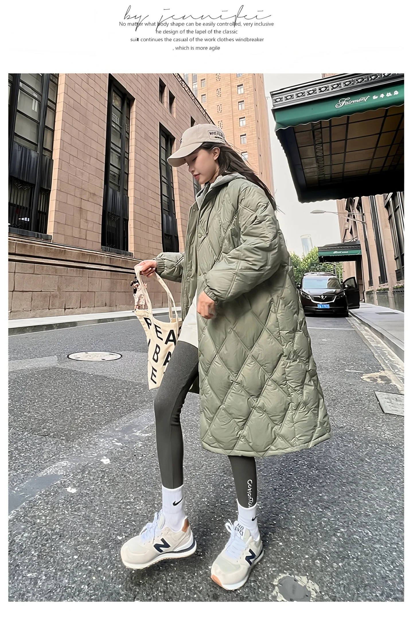 Women's Autumn and Winter New Diamond-Patterned Long Lightweight down Cotton Jacket, British Style Mid-Length Cotton Coat, Korean Style Hooded Faux Two-Piece Warm Jacket