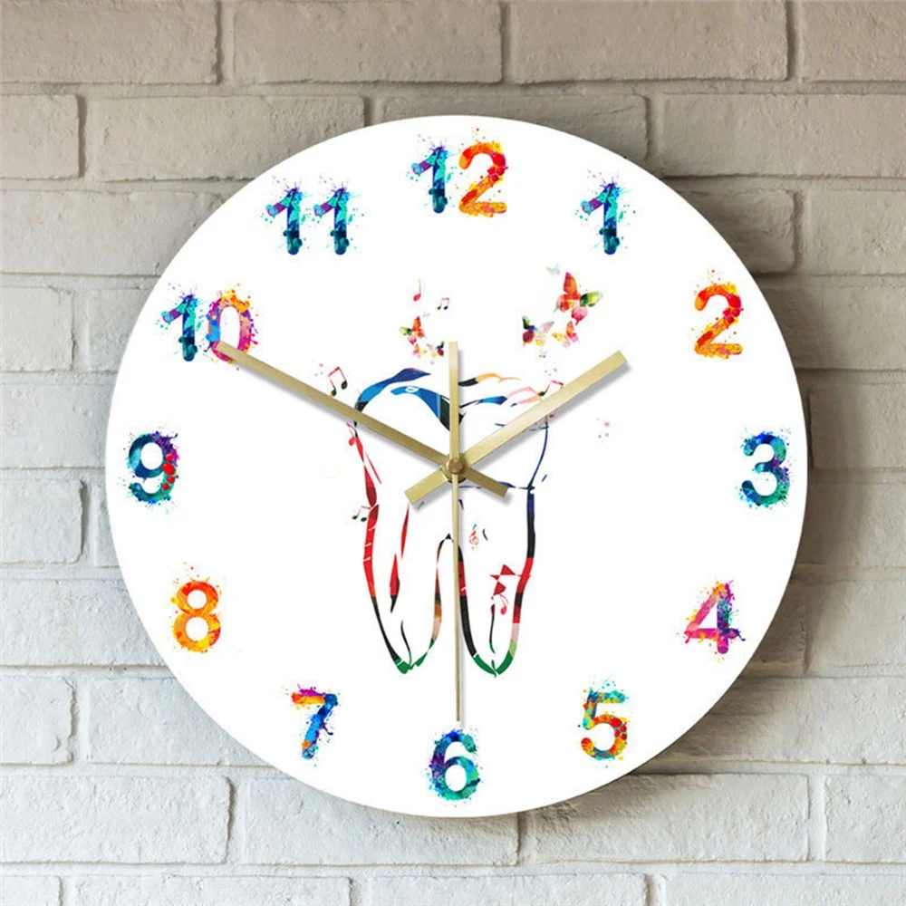 Colorful Tooth Butterfly Printed Acrylic Wall Clock for Dental Clinic Modern Simple Mute Wall Clock Home