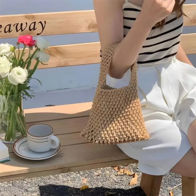 Knitted Handbag, Hollowout Handmade Woven One-shoulder Pouch, The Cotton Rope Colorful Large Capacity Mommy Bag Work