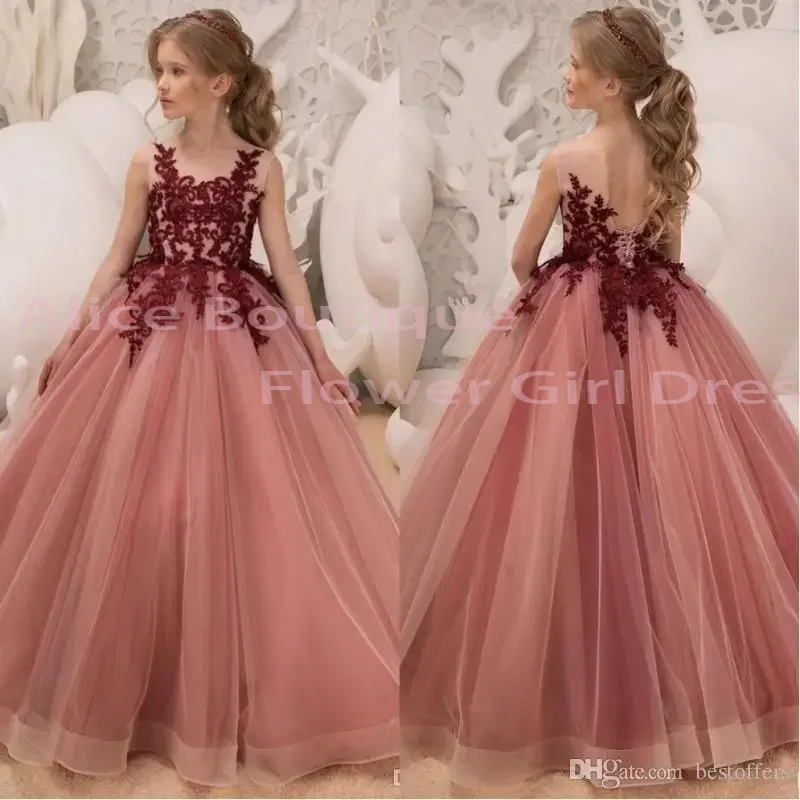 

Customized Flower Girl Dress Pink Tulle Lace Appliques Sleeveless Dresses For Kids Lovely First Communion Birthday Party Gowns