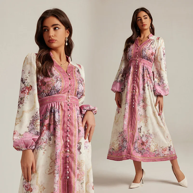 

New Australia Small Design V Neck Retro Print Long Dress Women Elegant Palace Style