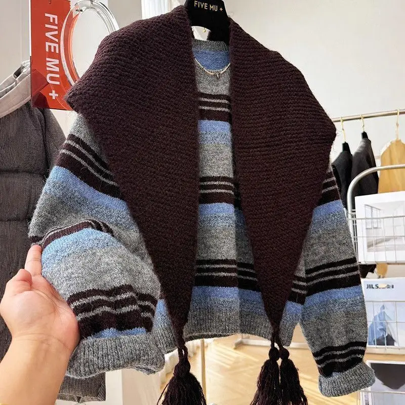 Blue Coffee Striped Retro Two-piece Knitted Sweater Spring New Korean Version Crew Neck Long-sleeved Pullover Sweater with Shawl