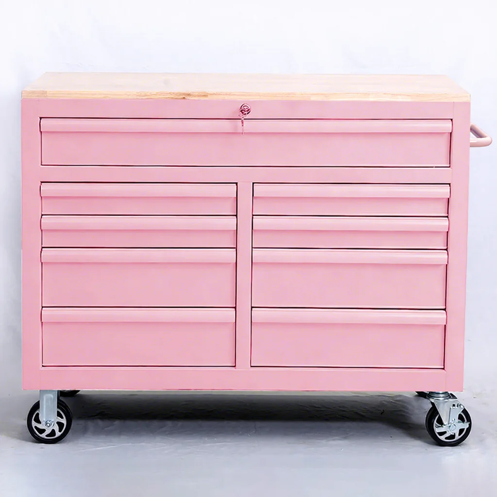 Pink Industrial 9-Drawer Tool Cart & Mobile Workstation with Wooden Top for Automotive Repair