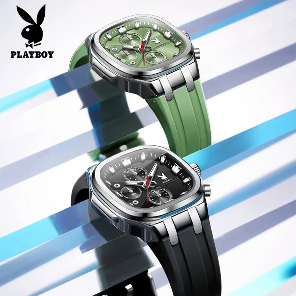 PLAYBOY 3076 Original Quartz Movement Watch Multi-functional Luminous Function 30m Waterproof Timing Reset Button Men Watch