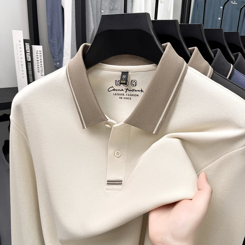 100% cotton High-Quality long sleeve polo shirt fashion luxury comfort color blocked lapel T-shirt business casual men's wear
