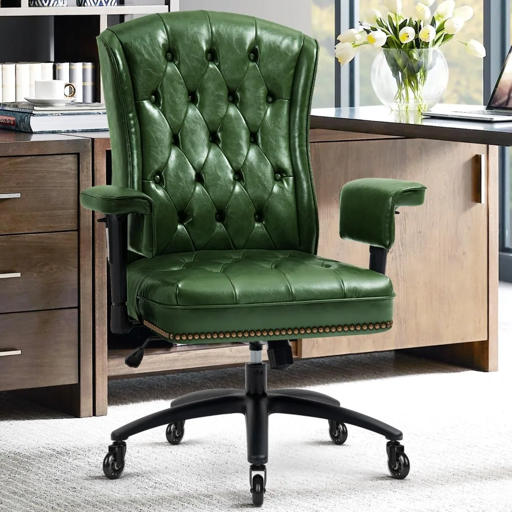 Leather Ergonomic Office Chair with Wheels and Arms,Executive Desk Chairs Comfortable Rocking Task Chairs