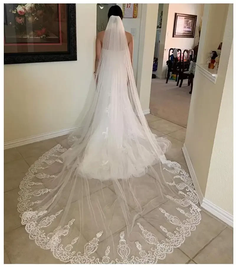 Voile de mariée en dentelle appliqué pour mariage, 3 mètres avec peigne