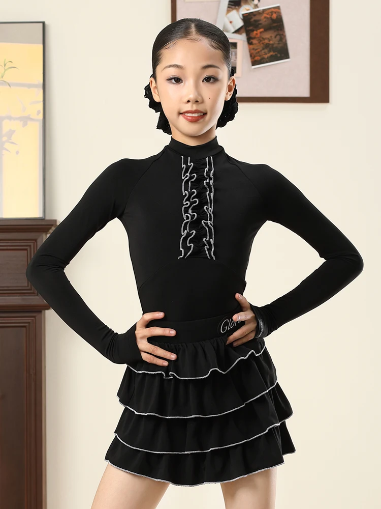 2025 جديد أزياء الرقص اللاتينية للفتيات بأكمام طويلة كعكة تنورة دعوى سامبا تشاتشا تانجو الاطفال الملابس اللاتينية XH3519