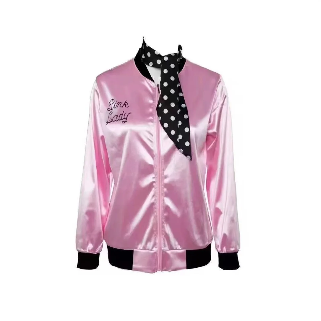 

50s Ladys Pink Satin Jacket Halloween Cosplay Costume Pink Jacket with Neck Scarf