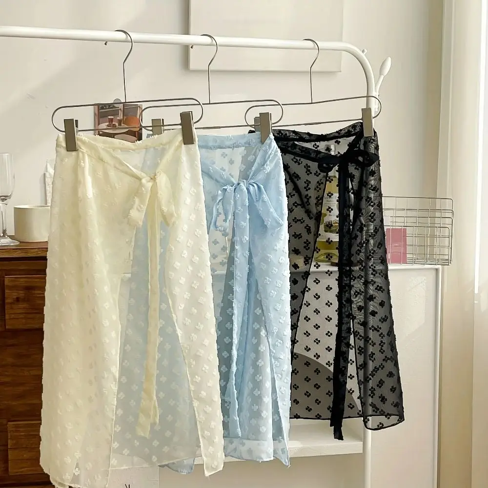 High Waist Lace Midi Skirt Irregular Side Slit See Through Lace Drawstring Skirt Embroidered Flower Harajuku
