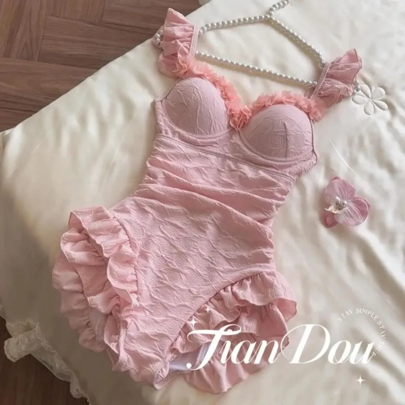 

Sweet Cute Girl One Piece Swimsuit Modest Tummy Control Push Up Floral Ruffle Strap Textured Fabric Bathing Suit Beach Vacation