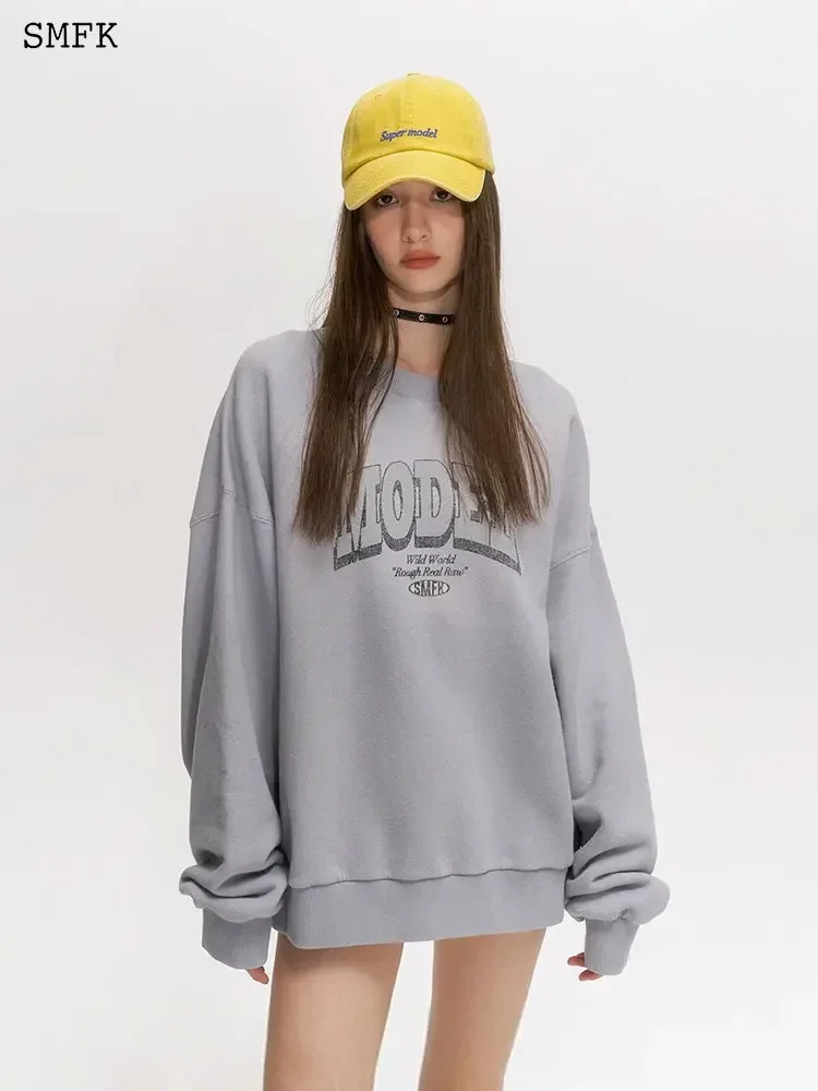 Bluza z kapturem SMFK nadruk w litery sweter w stylu Vintage College dla kobiet swetry oversize jesienno-zimowy odzież sportowa z okrągłym dekoltem