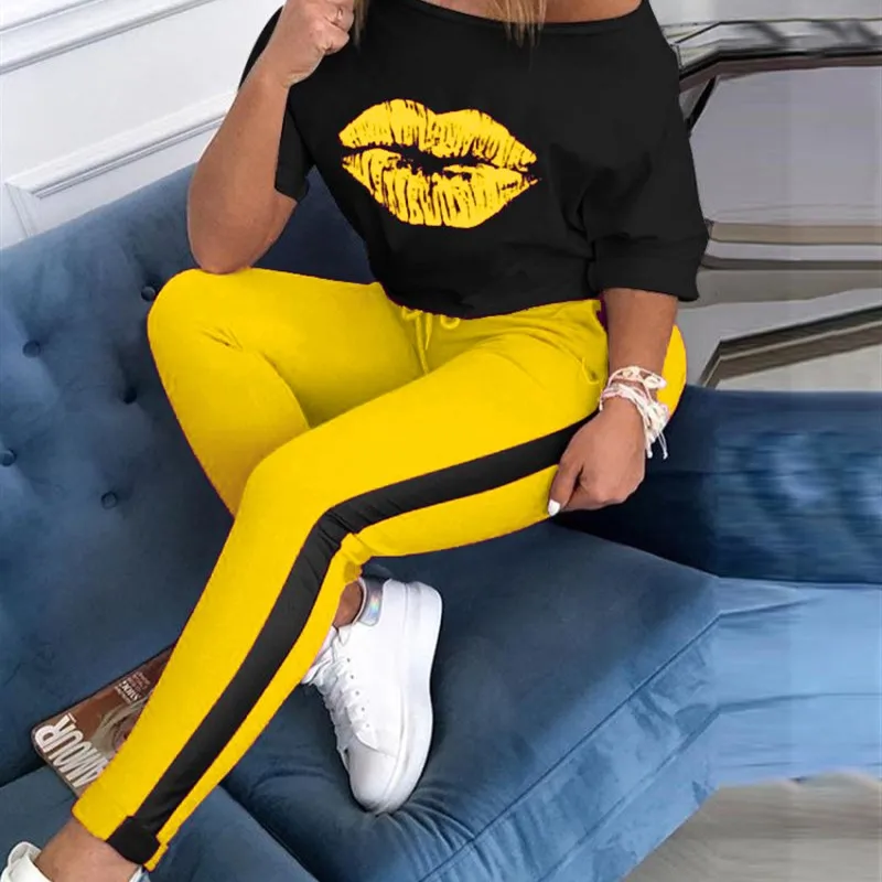 Spor Lip Print 2-delige T-shirtset voor dames Zomer AL0 Big Size Dames Dr Ciwalk Countryside Andere materiaal Long Sve