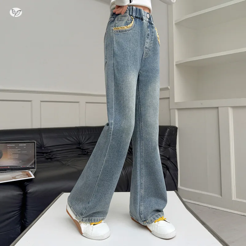 Girls' micro flared jeans for spring 2026, new children's lace pocket flared pants for slimming, spring and autumn pants