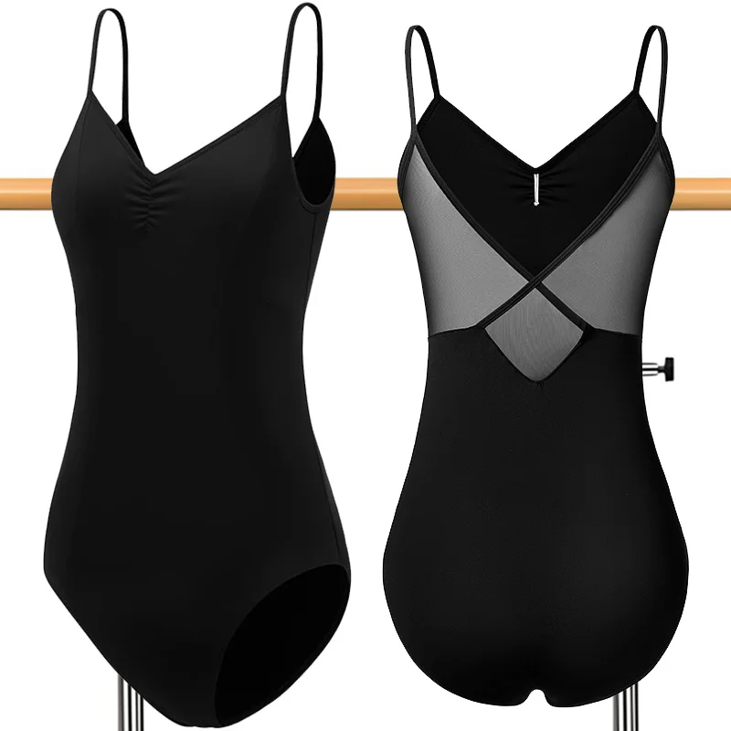 Женский балетный танцевальный купальник без рукавов для взрослых, гимнастические майки с v-образным вырезом, завязками и подкладкой, танцевальные купальники