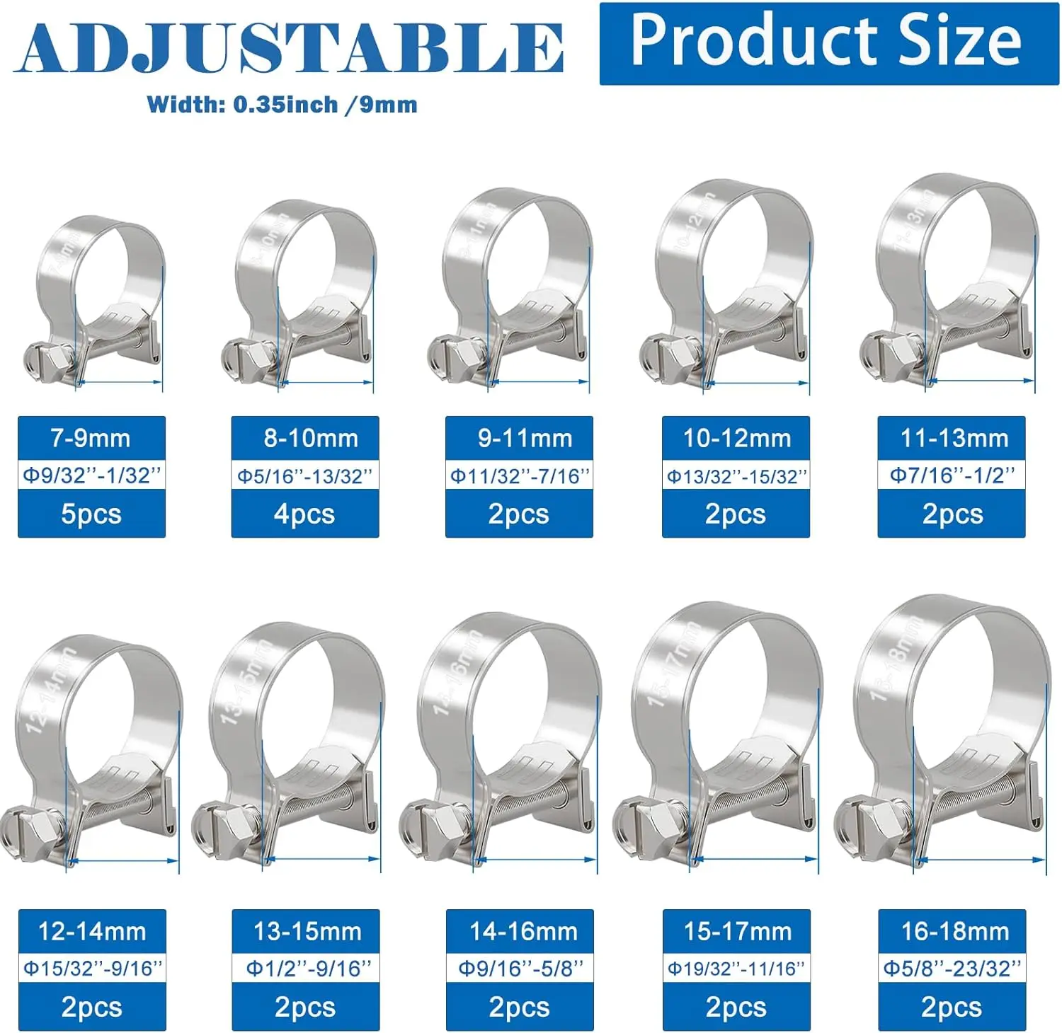 25Pcs 7mm to 18mm (10 Sizes) Zinc Plated Carbon steel Mini Fuel Injection Style Hose Clamp Assortment Kit for Diesel Petrol Pipe