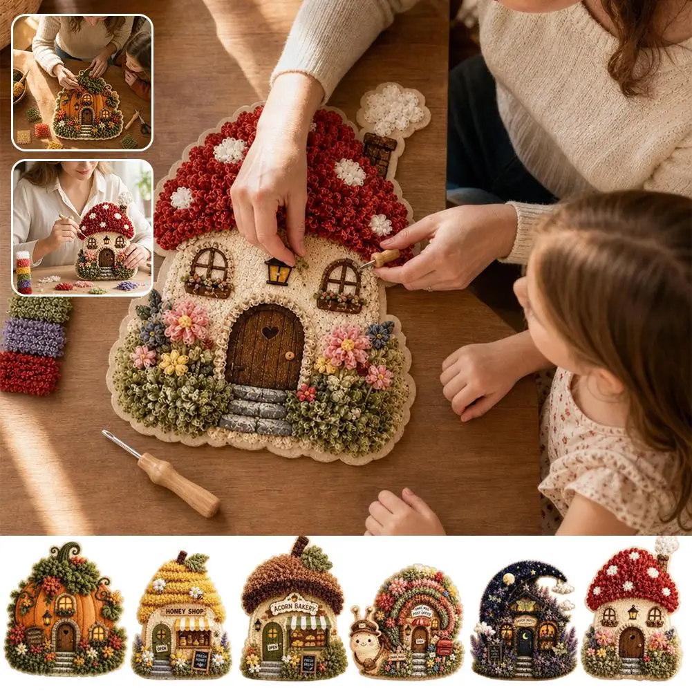 Whimsical Village 3D Fabric Poke Art Kit Mushroom Cottage Moon Moth No Sew DIY Craft Set Handmade Textile Art Home Decor