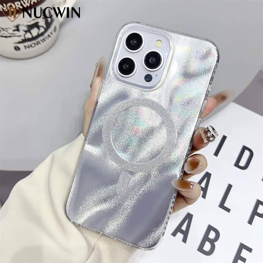 Aurora Glitter Water Ripple for Magsafe Case for iPhone 15 14 13 12 Pro Max 15 Plus 11 Colorful Gradient Feather Magnetic Cover