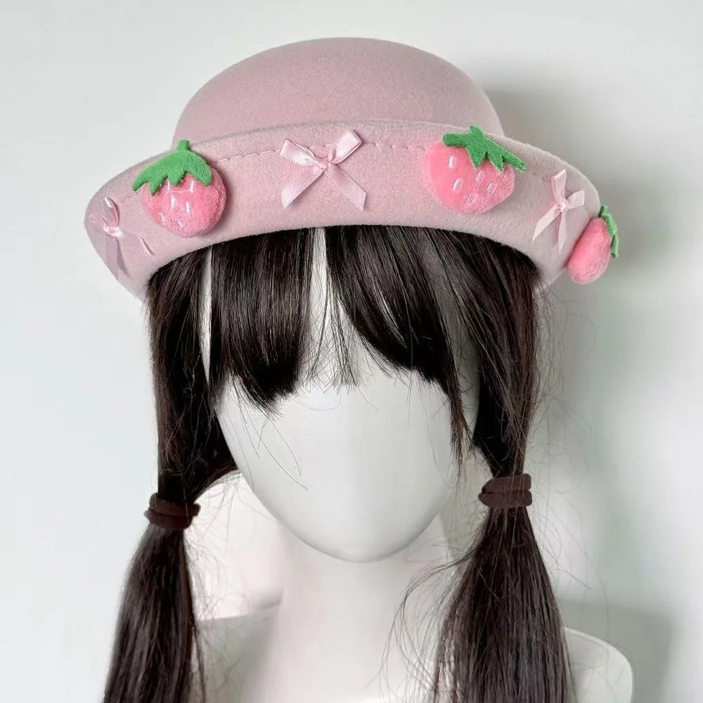 Ręcznie Robiony Harajuku Damski Dziewczęcy Słodki Lolita Truskawkowy Różowy Księżniczka Koronkowa Kokarda Truskawka Ozdobny Cylinder