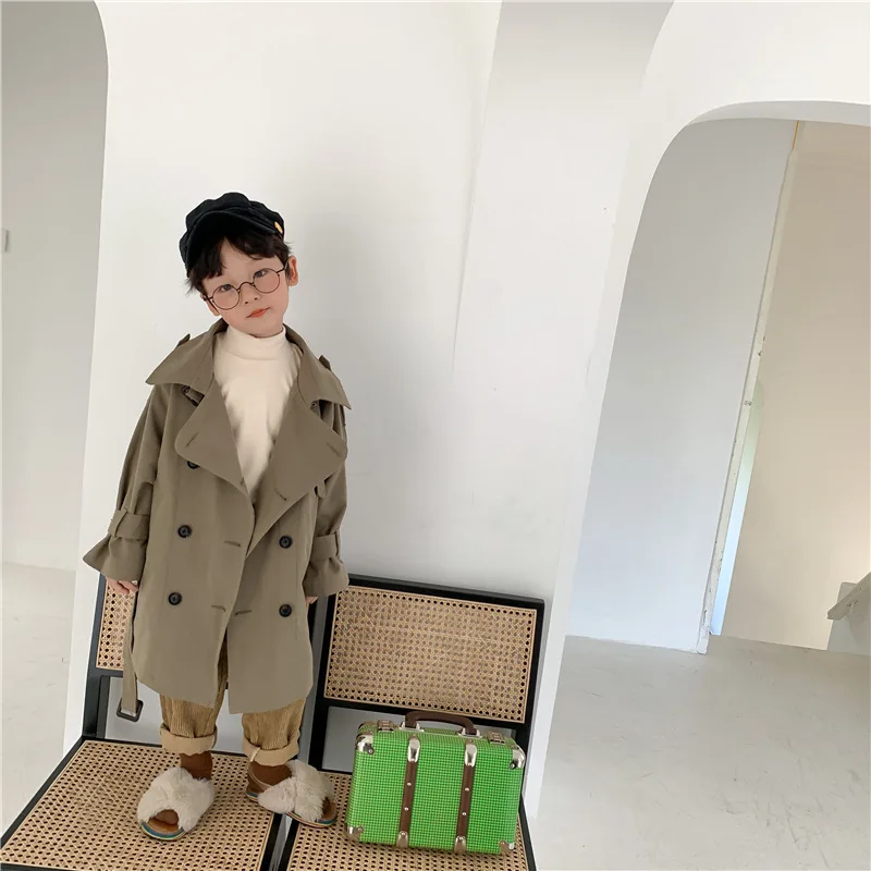 Trench Autumn New Korean Children Windbreaker Loose Coat Boys and Girls Long Turn Down Collar Tide 2024 Turn Down Collar