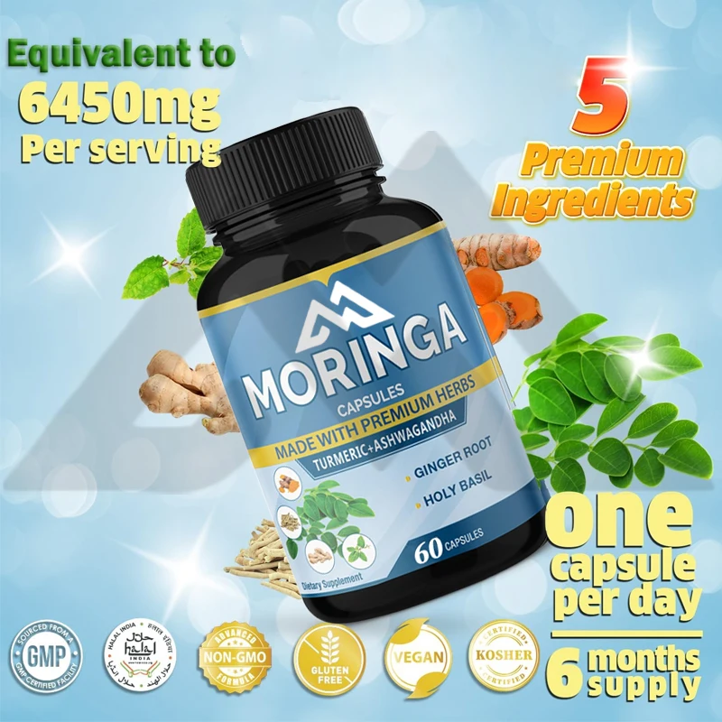 Capsule Moringa 6450mg, contenenti radice di Solanum sudafricano, tulipano, zenzero, curcuma - energia, supporto immunitario -60 capsule