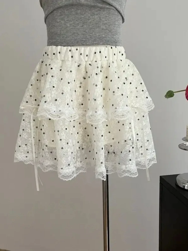 Renda emenda bolinhas bolo mini saia feminina 2025 verão cintura alta bandagem magro a linha y2k saias puro doce skort