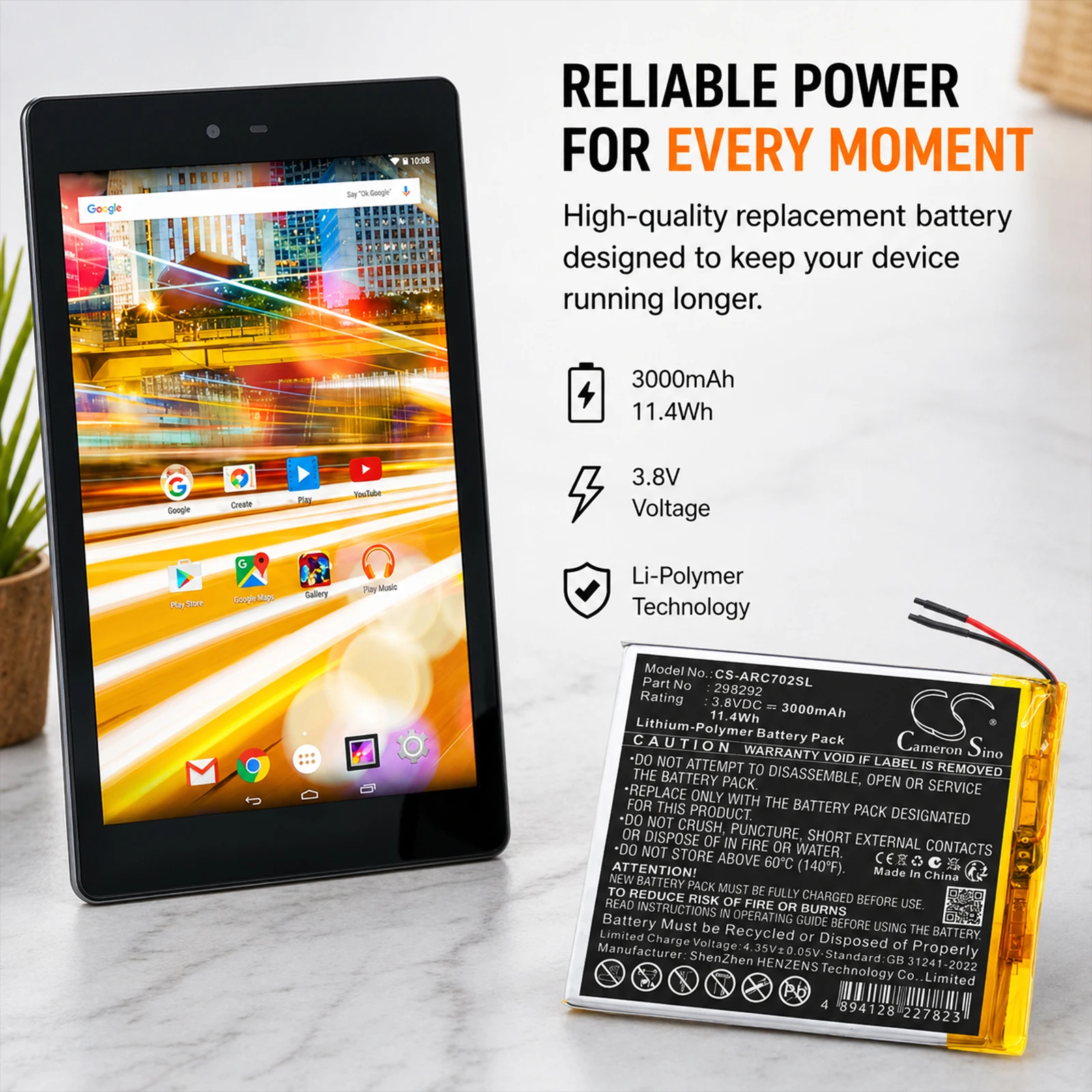 Cameron Sino 3.8V 3000mAh Replacement Tablet Battery 298292 GPC298292 for Archos 70 Oxygen AC70OX AC70OXV2