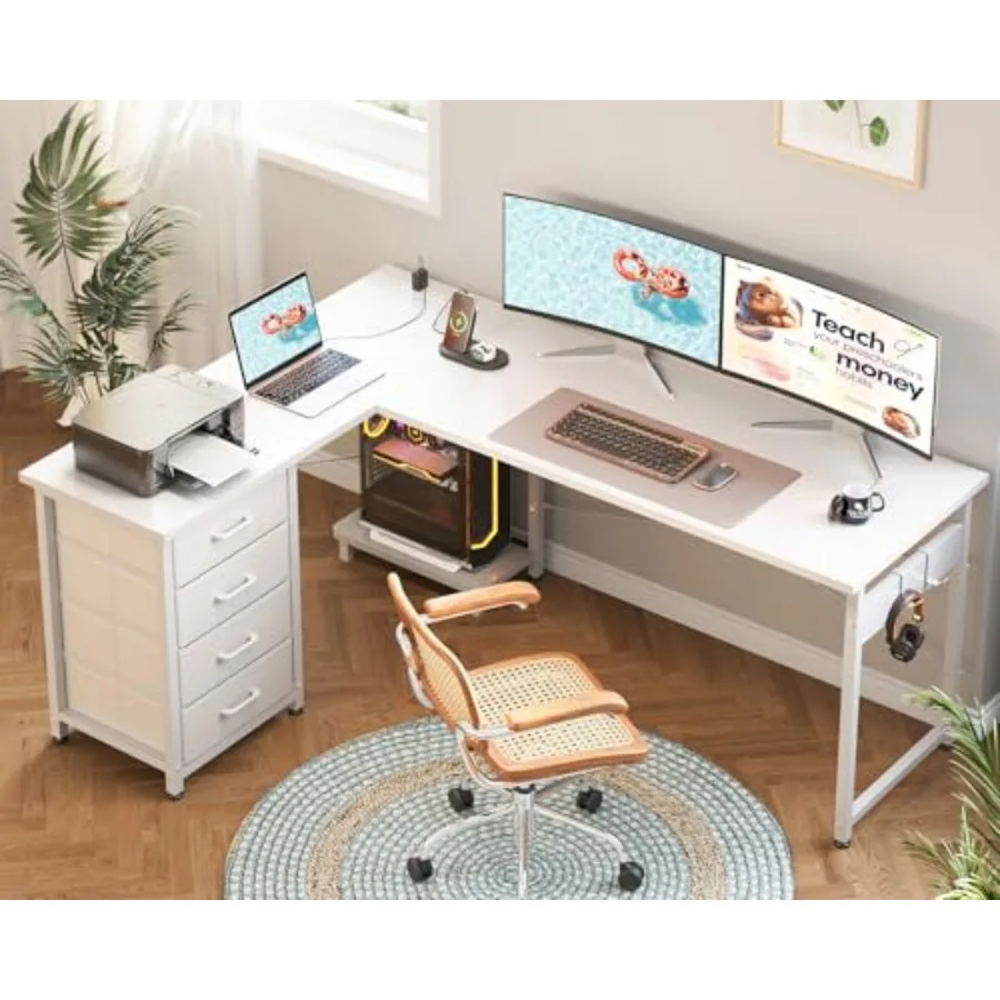 61 L Shaped Gaming Desk with 4 Drawers and Power Outlets for Home Office, Engineered Wood, Black, Spacious Surface and Built-in