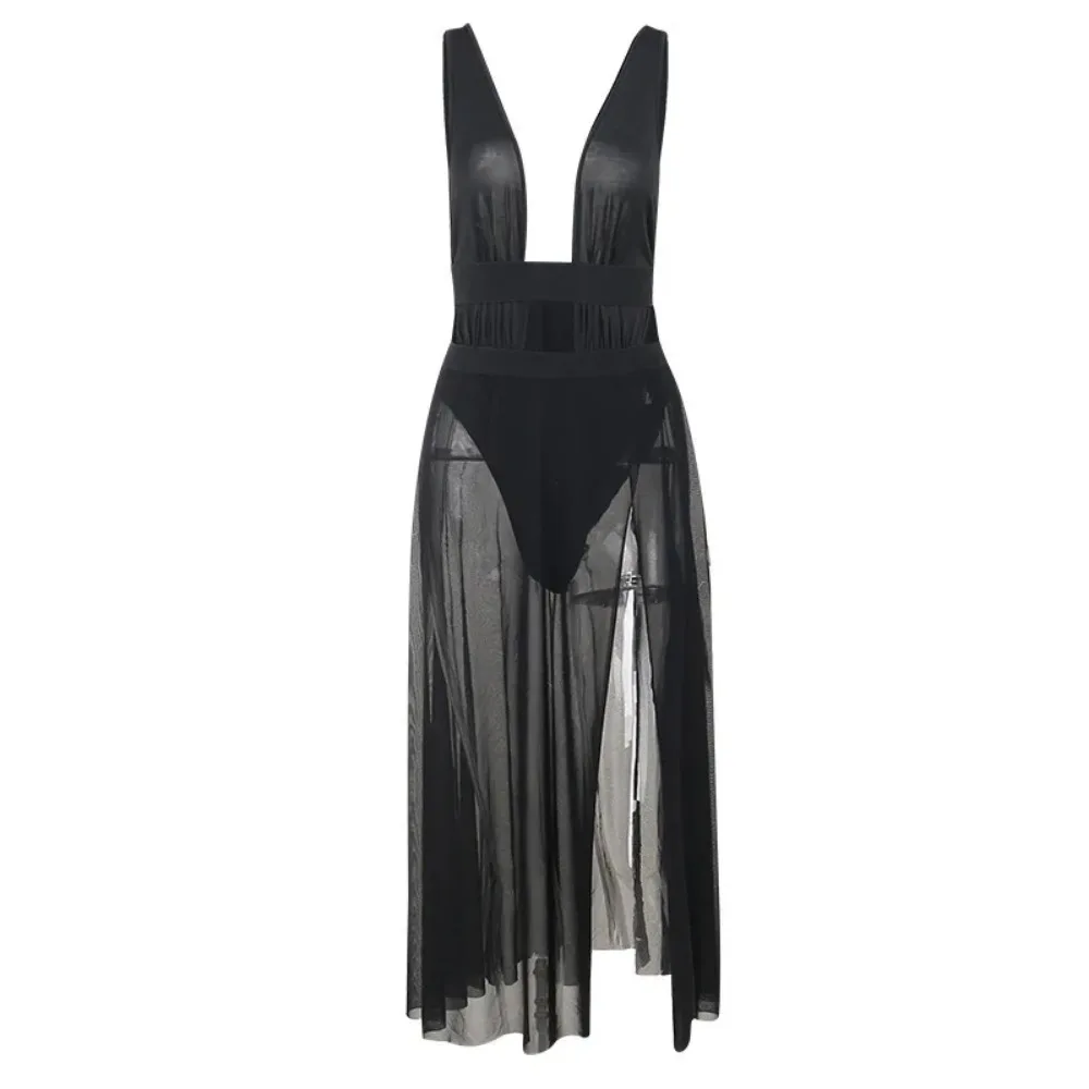 Europa e stati uniti con scollo a v senza maniche gilet Bikini vacanza al mare protezione solare grembiule Sexy prospettiva vestito a fessura