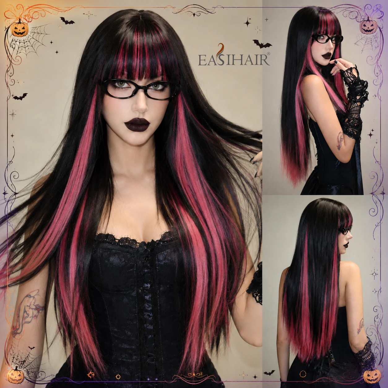 Easihair Black with Red Pink Highlight Long Straight Wig With Bangs Heat Resistant Synthetic Hair Gothic Halloween Cosplay Wigs