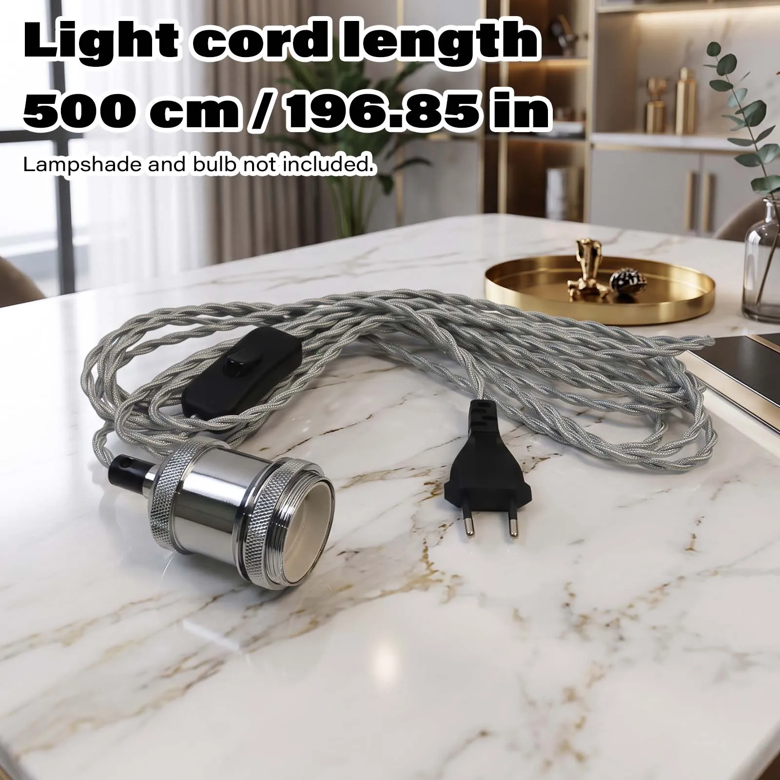 Pendant Light Cord, Silver Braided Wire, Chrome E27 Socket, Inline Switch, EU Plug, Modern, Minimalist, Living Room