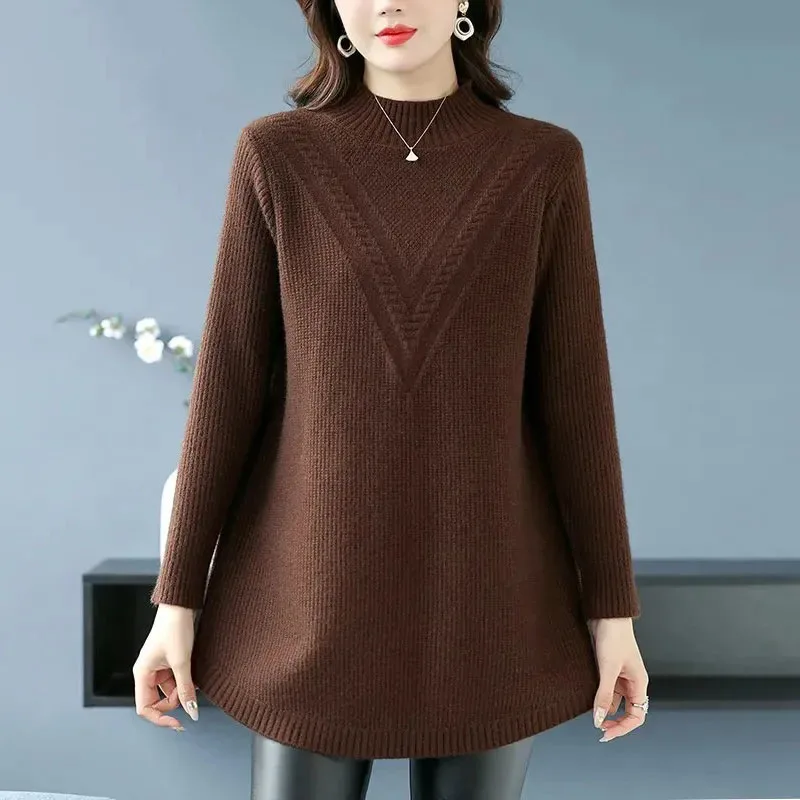 6XL Large Size Women\'s Autumn Winter High End Wool Sweater Loose Solid All-match Knitted Pullovers Korean Mid-Length Jumper Tops