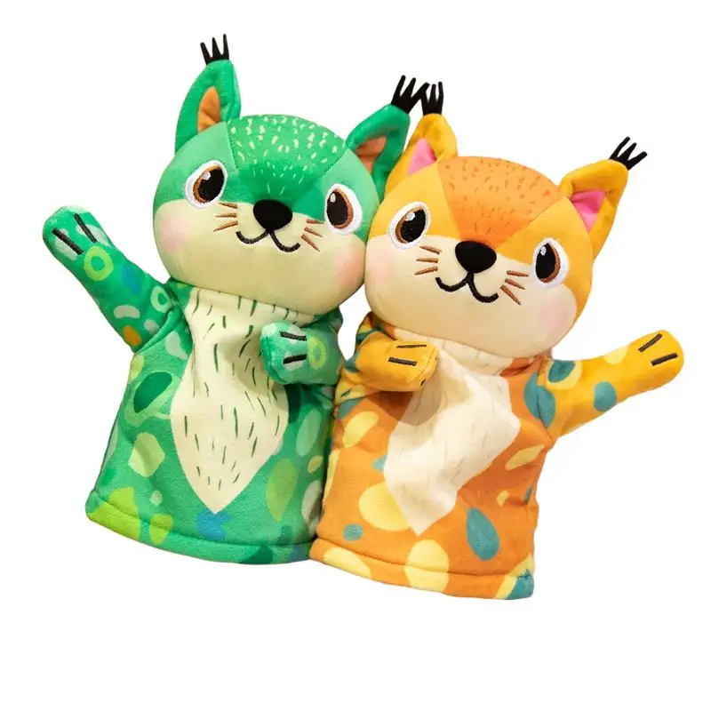 Fantoche de mão animal dos desenhos animados kawaii esquilo laranja verde interativo plushie contar história jardim de infância crianças presente