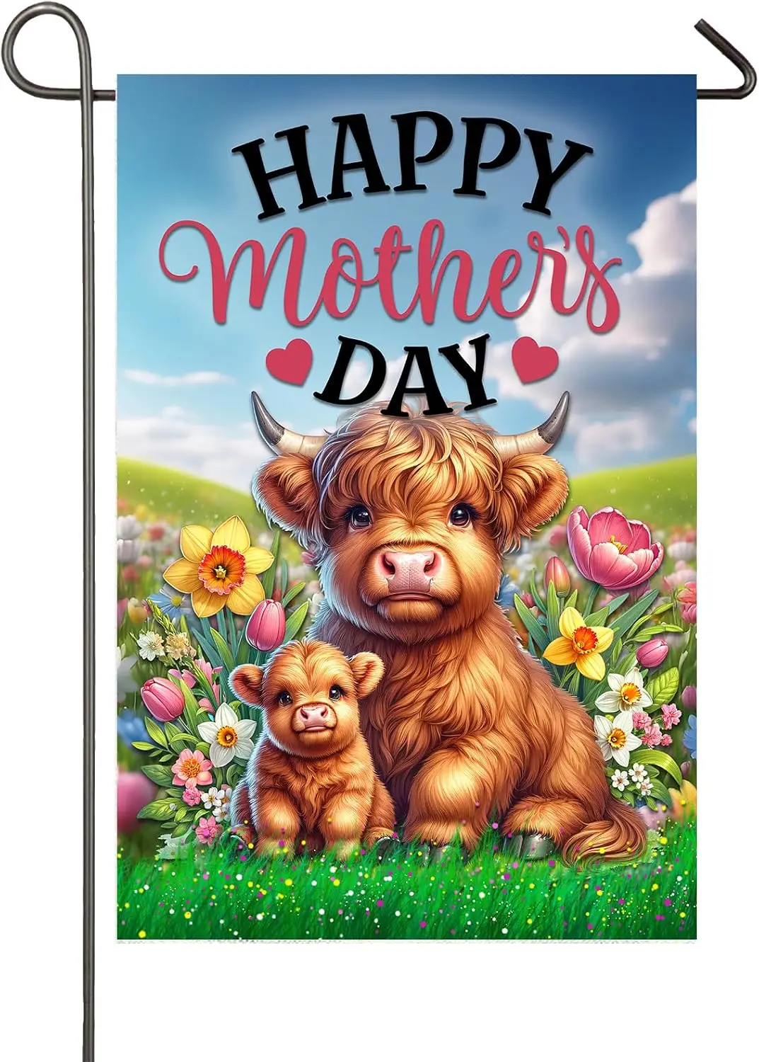Happy Mother's Day Garden Flag Mom Baby Highland Cow Yard Flag for Outside 12x18 Inch Double Sided Mothers Day Garden De PPZ