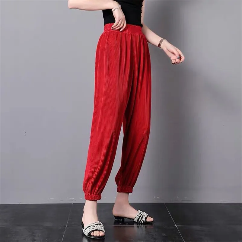 Summer Women Ankle-Length Pants Grey Khaki Red Candy Color Streetwear Pants Women High Waisted Trousers Plus Size M-6XL 7XL