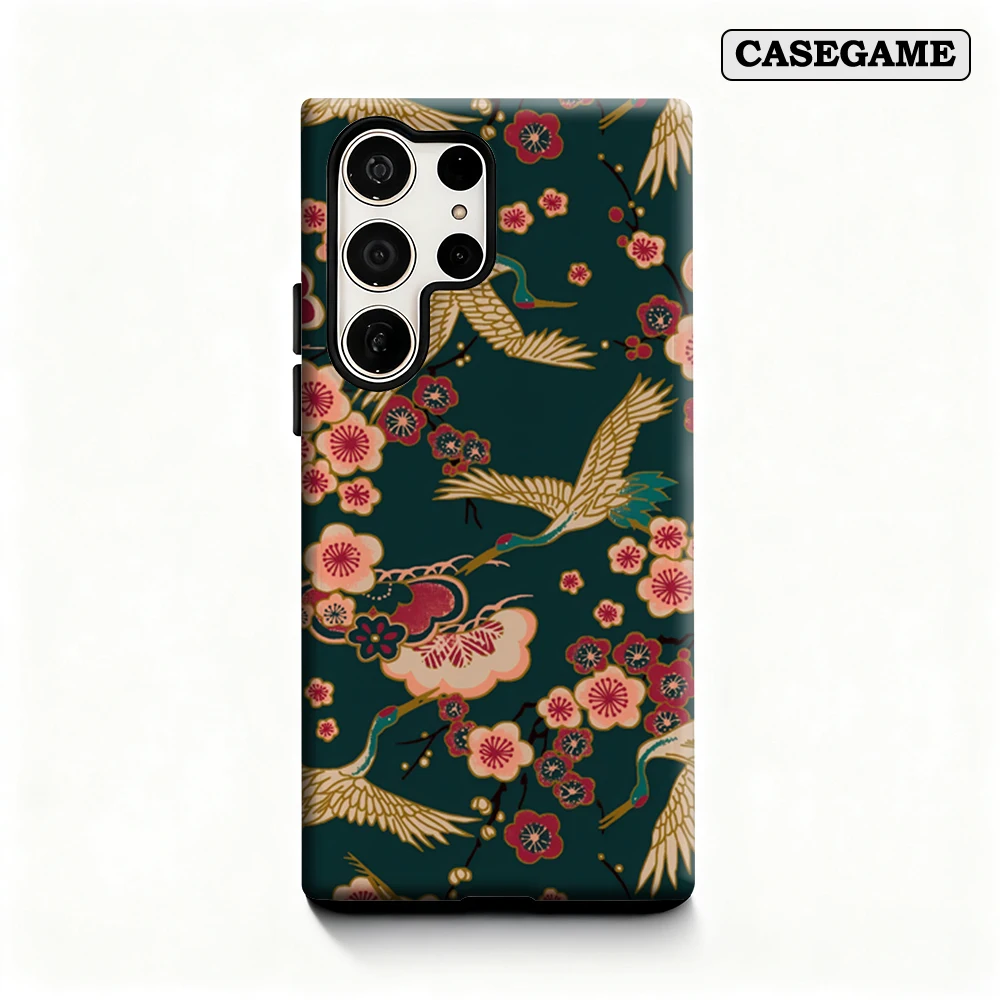Crane Blossom Breeze Handyhülle für Samsung Galaxy S25 Ultra S24 S23 Ultra Plus, stoßfeste doppellagige Rückseite