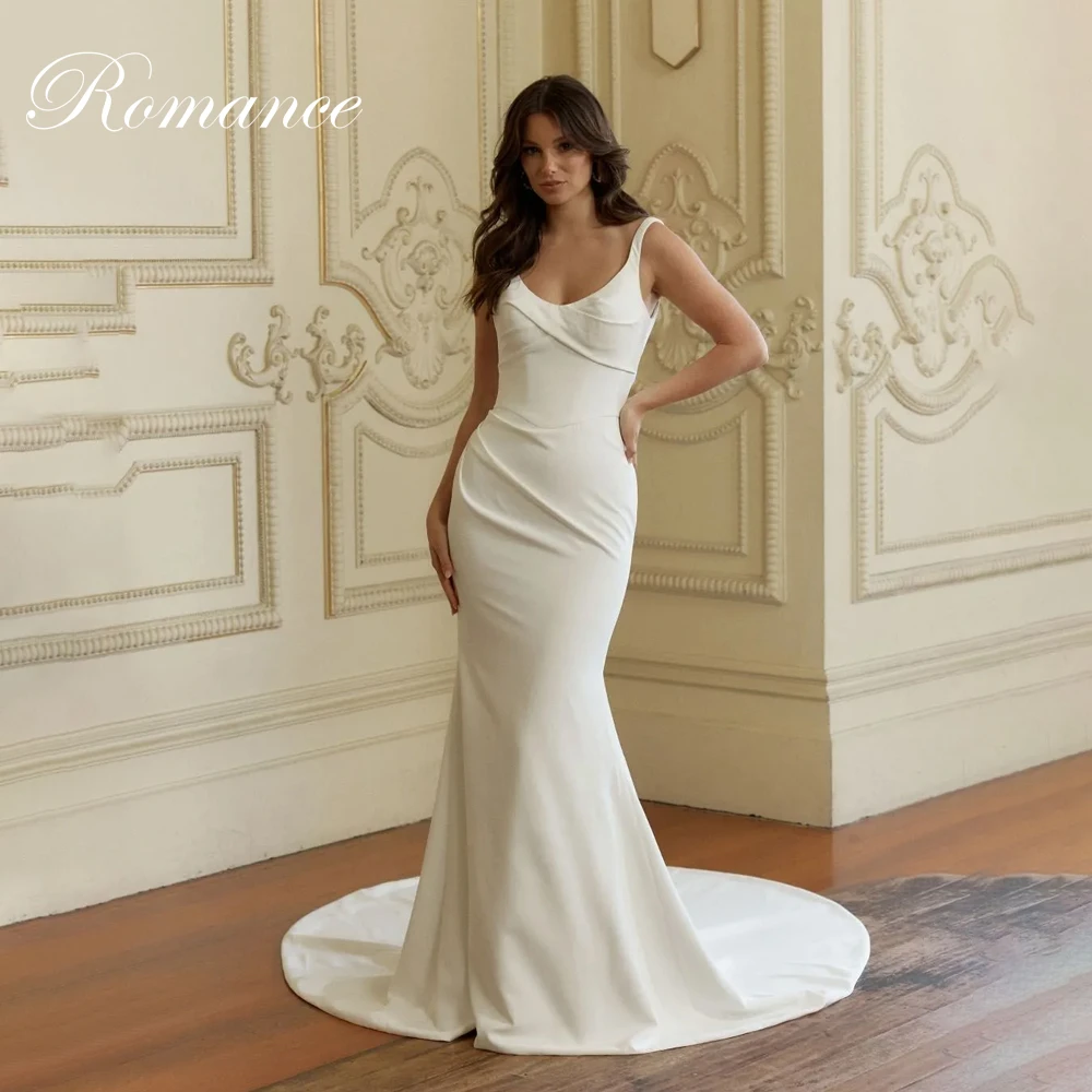 

Simple Pleat Bow Mermaid Wedding Dress Scalloped Spaghetti Straps Sleeveless Open Back Bridal Gown Vestidos De Novia Customized