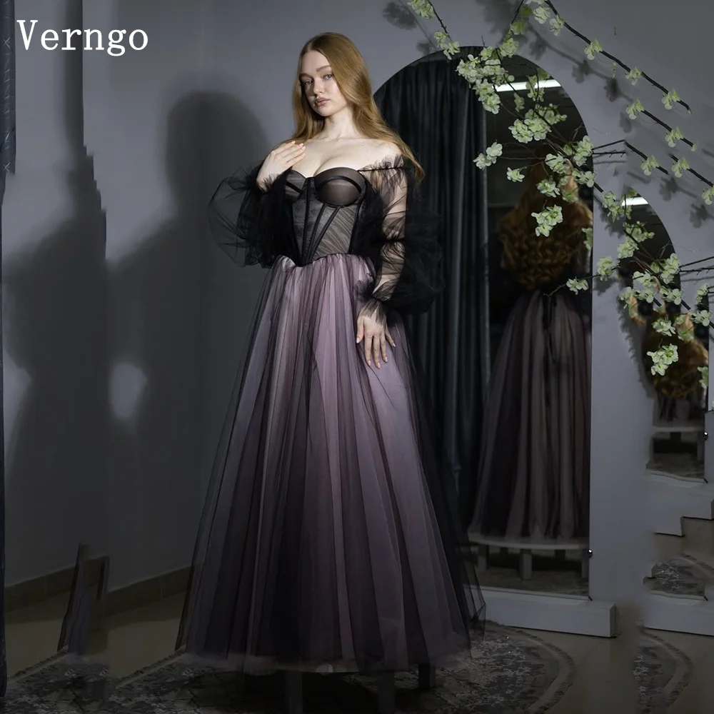 

Verngo Black Purple Tulle Evening Dress Square Collar Full Sleeves A Line Formal Occasion Dress Simple Prom Gown Customized