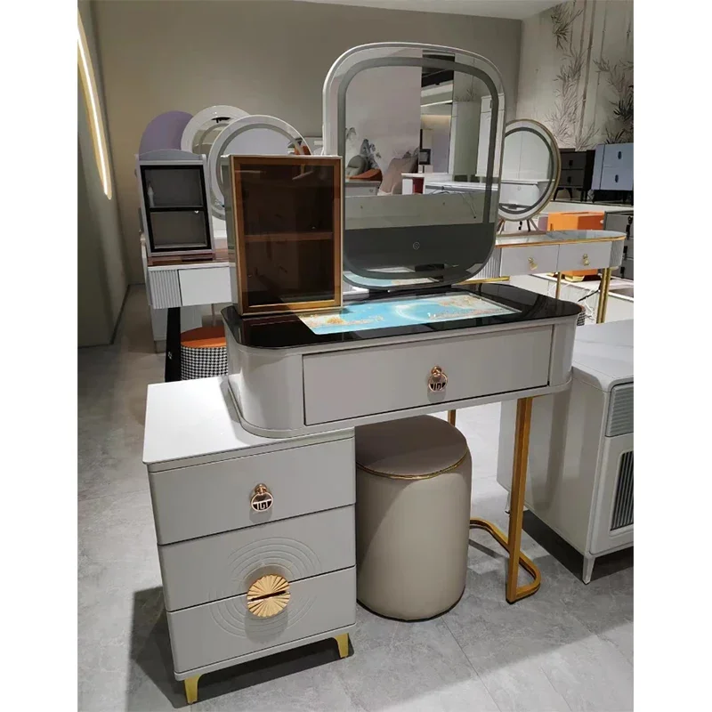

A Light Luxury Home Furniture Wooden Makeup Vanity Desk Bedroom Modern Design Cheap Wood Dressing Table With Led Mirror