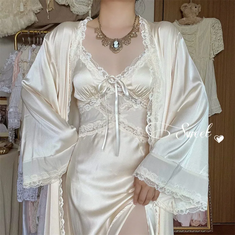 Spring New Nightgown Women Bride Wedding Dress Sweet Lace Patchwork Robe Set Nightdress Elegant Lingerie Summer Long Kimono Gown