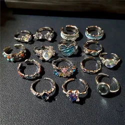 Punk Harajuku Goth Thorns Black Silver Color Irregular Heart Cross Open Ring For Women Men Lover Vintage 90s Y2K Grunge Jewely