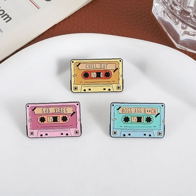 Vintage Music Tape Enamel Brooches Lapel Pins Sad Vibes Chill Out The Eye Cartoon 90s Metal Tape Badge Punk Jewelry Friends Gift