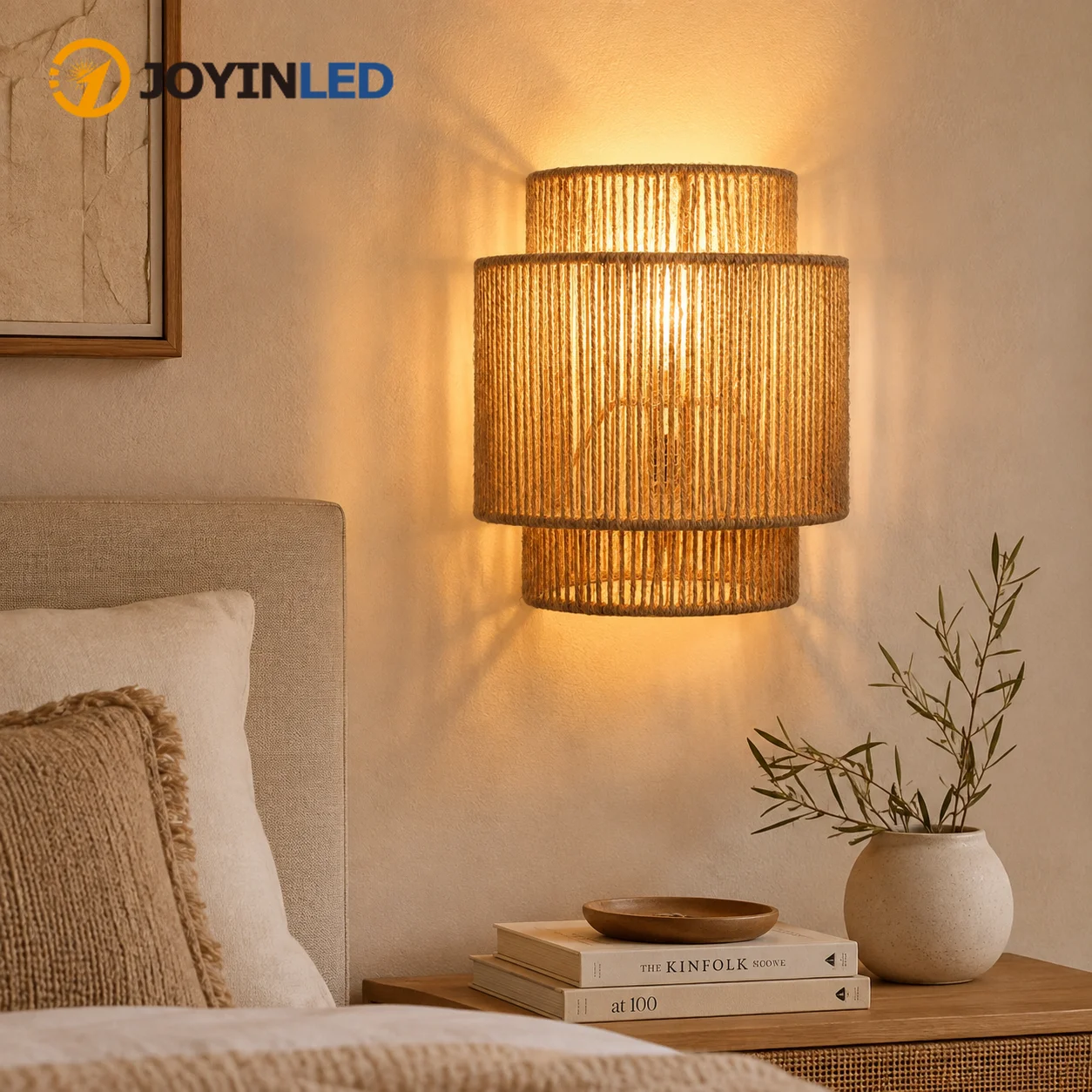 JOYINLED Hemp Rope Wall Lamp E27 Boho Rustic Sconce Light Fixture Vintage Woven Wall Light for Bedroom Living Room Hallway Decor
