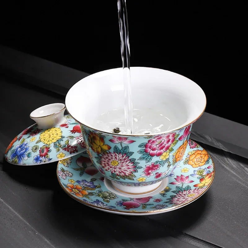 White Porcelain Sancai Gaiwan Color Enamel Cover Bowl Lid Saucer Vintage Handmade Tea Tureen Teaware Sets Gift 200ML