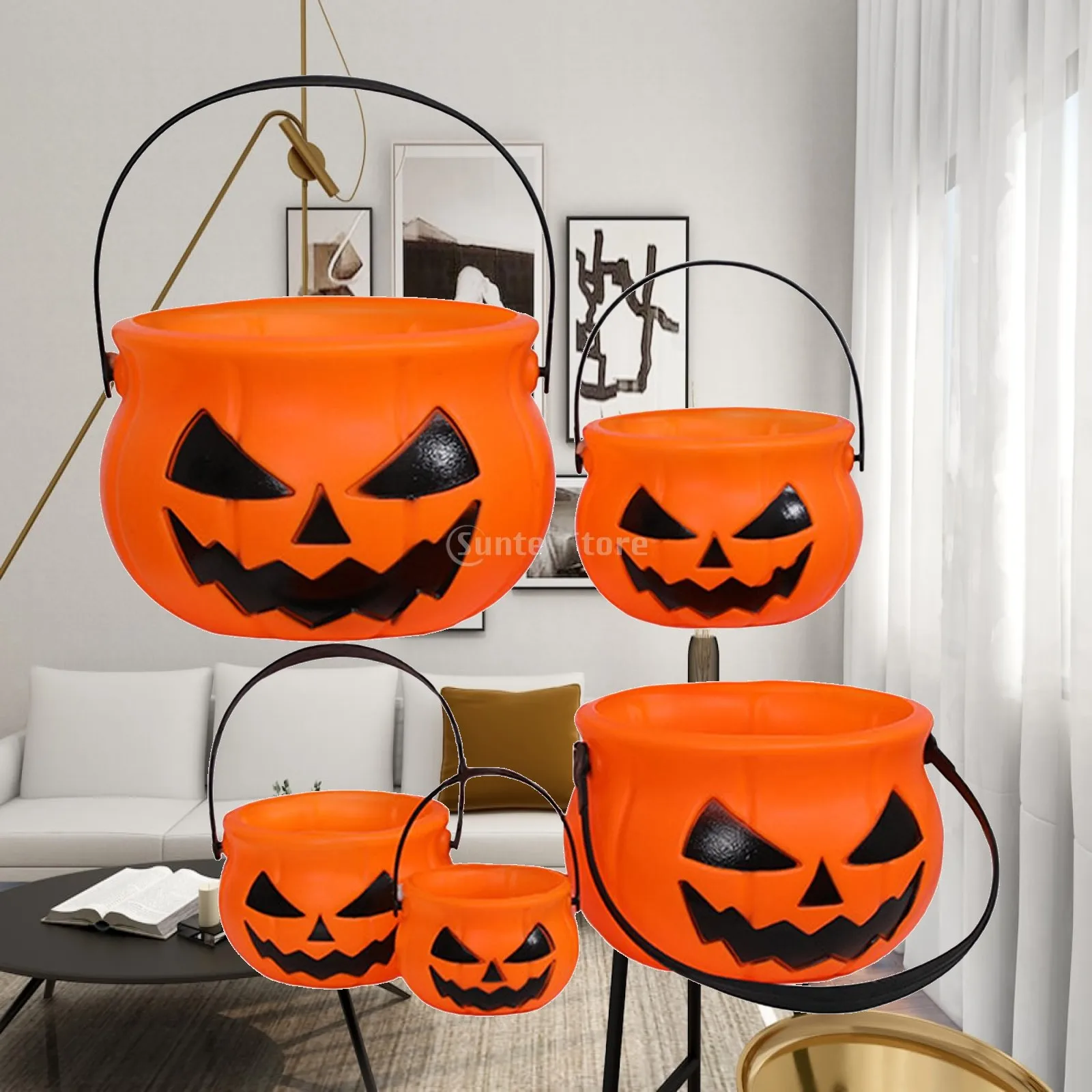 Pumpkin Shape Candy Bucket with Handle for Halloween Trick or Treating Party Favor Holder Plastic Gift Container